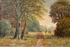 Großes Ölbild Rotwild Hirsch am Waldrand Jagd Natur signiert 65 x 95 cm