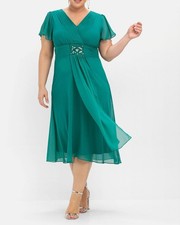 sheego Damen Abendkleid Wadenlang Kurzarm V-Ausschnitt opalgrün NEU