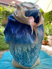 UNIKAT Handarbeit Nuno Schal Filzschal Tuch Merinowolle  warm SEIDE blau