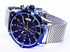 Elite Herren Mesh Armband Uhr Chronograph Blau Silber Farben 1/10tel Stoppuhr