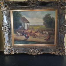 Ölgemelde,/ Kunstmaler Willi Franken Hühner Hof