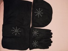 Damen Mütze, Schal und Handschuhe Set Schwarz Mit Glitzer