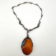 Antikes Silber Collier mit großem Bernstein & Türkis Jugendstil Handarbeit #2772