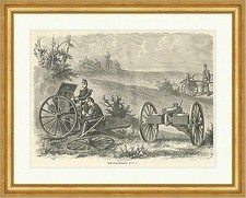 Die Mitrailleusen, Kugelspitzen Militär Waffen Soldaten Feld Holzstich E 5036