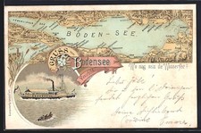 Lithographie Landkarte vom Bodensee und Umgebung mit Vexierbild, Dampfer 1898 