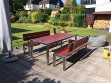 Gartenmöbel Edelstahl "Cumaru"  Tisch 90x200cm ,2x Bank mit Lehne 180cm