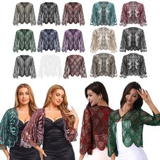 DamenLace Bolero Open Front Glänzend Pailletten Cardigan Hollow Out Shrug Top