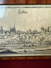 Leisnig Historische Ortsansicht. Kupferstich, ca. 1650. Von Merian. Original