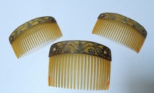 3 Hornkämme mit Messingbeschlag, Blumendekor, Jugendstil