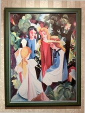 August Macke Kunstdruck „Vier Mädchen“, Holzrahmen, unter Glas, 51 x 69 cm