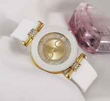 Damen Armbanduhr Gold mit Strass strapazierfähiges Silikon Armband in Weiß