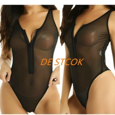 DE Damen Transparent Body Mesh Bodysuit Highcut Stringbody Teddy Dessous Schwarz