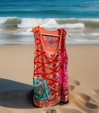 Desigual Damen  Top Shirt Bluse Pailletten Taft gemustert orange, Bund Gr. M 38