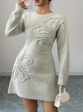 Damenkleid A-Linienkleid weiches Strickkleid Herbst Winter Grau Blumenstickerei
