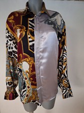 Satin Optik Bluse Gr L Viskose Schwarz Rot Gold Silber gemustert Boogie Glanz B