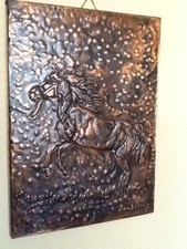 Kupfer Kupferbild signiert Pferd Pferde Plastisch Relief Handarbeit 30 x 22 cm