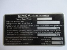 Simca 1000 1100 1500 1501 Typenschild Schild s87 s68/58