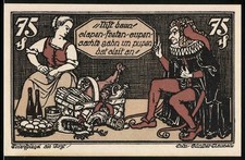 Notgeld Braunschweig, 1921, 75 Pf, Frauen mit Korb und Hofnarr, Pferd in Rot-Sc 