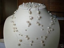 AOK01 Süßwasser Perlen Schmuck Set Collier Kette Brautschmuck Ohrringe Armband k