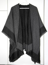 noName Einheitsgröße Damen Woll-Poncho / Cape grau-schwarz Fransen Weste Schal