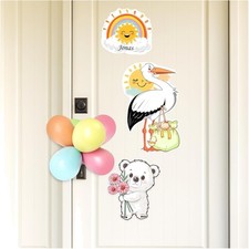 Holz Storch Set, Geburtsdeko, Türschild, Wandmotiv, Geschenk Baby, Kinderzimmer