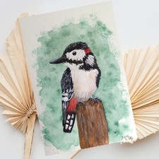 Aquarell Buntspecht A6 Original, Vogel Bilder, Kunstwerk, Gemälde, Landschaft