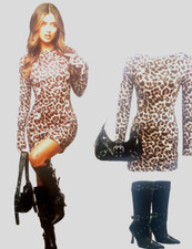 Damen Strickkleid Bodycon Rückenfrei Leopard Motiv Rundhals Langarm Gefüttert 