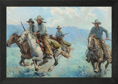 Bewaffnete cowboys auf - auf, pferden