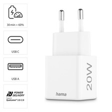 Hama Handy Ladegerät Schnellladegerät 1x USB-C 1x USB-A 20W PD Netzteil Adapter 
