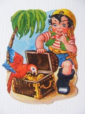 Glanzbild Oblate Poesiealbum Sammlung Kinder alt Junge Pirat Papagei Schatztruhe