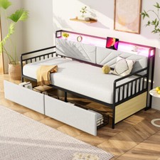 90x200cm Tagesbett, LED Schlafsofa, Polsterbett Eiseneinzelbett mit 2 Schubladen