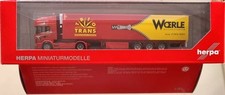 Herpa 241182 Scania 144 Kühlkoffer-Sattelzug "Running Elch Triotrans/Woerle"