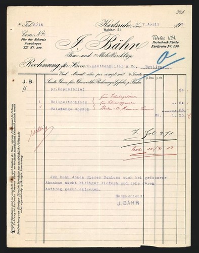 Rechnung karlsruhe 1913 j - 1913,,