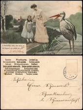 Scherzkarte Mädchen Mutter Klapperstorch Mamachen sieh wie dreist er tut 1909