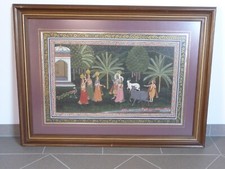 Große 96x71 cm indische Miniaturmalerei Bild Rahmen Krishna Radha Heilige Kühe 