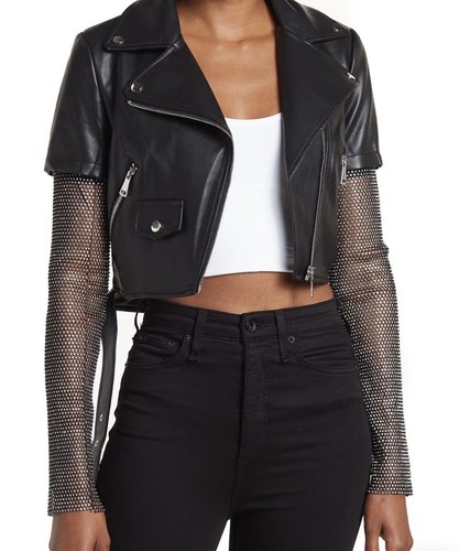 Crop bikerjacke schwarz strass - bikerjacke,