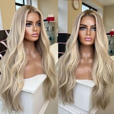 Strähnchenblond Kunsthaar Vorgezupfte Lace-Front-Perücken Long Wavy