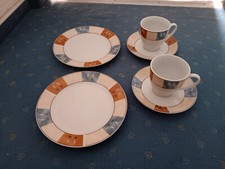 van Well Wellco Design 2 Gedecke Tasse Untertasse Kuchenteller braun-blau Muster