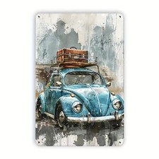 Blechschild VW Käfer mit Dachgepäckträger u Koffer Vintage Metallschild TEL3105