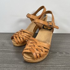 Swedish Hasbeens Leather Woven Sandale UK 4 EUR 37 | Tan Peep Toe Clog High Heel