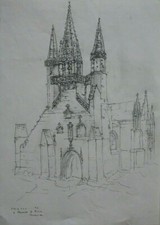 Zeichnung Federzeichnung Bretagne Kirche St Fiacre  Hans Pluquet Signiert 1974