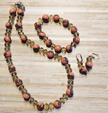 Fimo Schmuckset 3 tlg. Kette Armband Ohrhänger taupe orange Kristalle Magnetvers