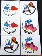 6x Werbe-Aufkleber Schlumpf Schuhgeschäfte Schlümpfe Smurfs 80er Jahre Konvolut