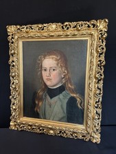 Ölgemälde Mädchen mit rotem Haar Korallenkette & Kreuz 19JH. Biedermeier