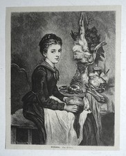 Stillleben. Mädchen, Wildbrett, Hase, Gans, Holzstich um 1880