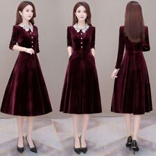 Damen Samt Midi Kleid Spitze