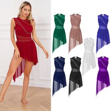 Damen Kleid Dehnbar Tanzkleid Offener Rücken Tanzbekleidung Mesh Glänzend