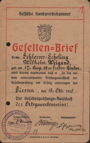Giessen gesellen brief 1925 - giessen,, gesellen-brief