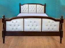 BETTGESTELL 160 X 200 HOLZ BRAUN KOPFTEIL POLSTER WEISS ANTIK-STIL BETT