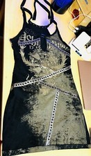 Long Shirt Gothic Rock Style Gold Druck Nieten Bänder Braun Gr. S/M